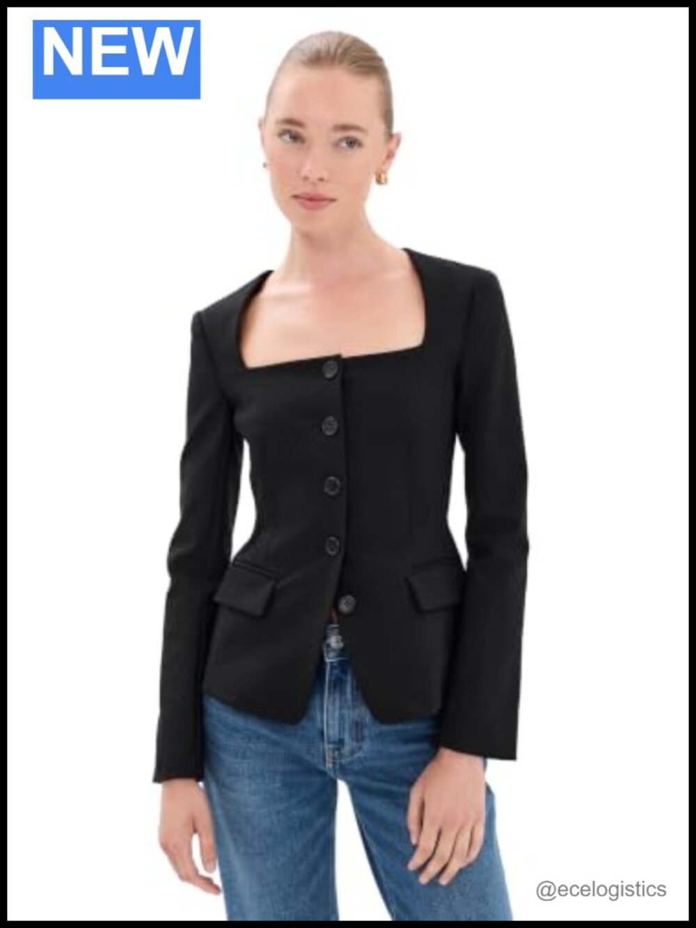 Women's Casual Blazer Jacket with Padded Shoulders and Flap Pockets